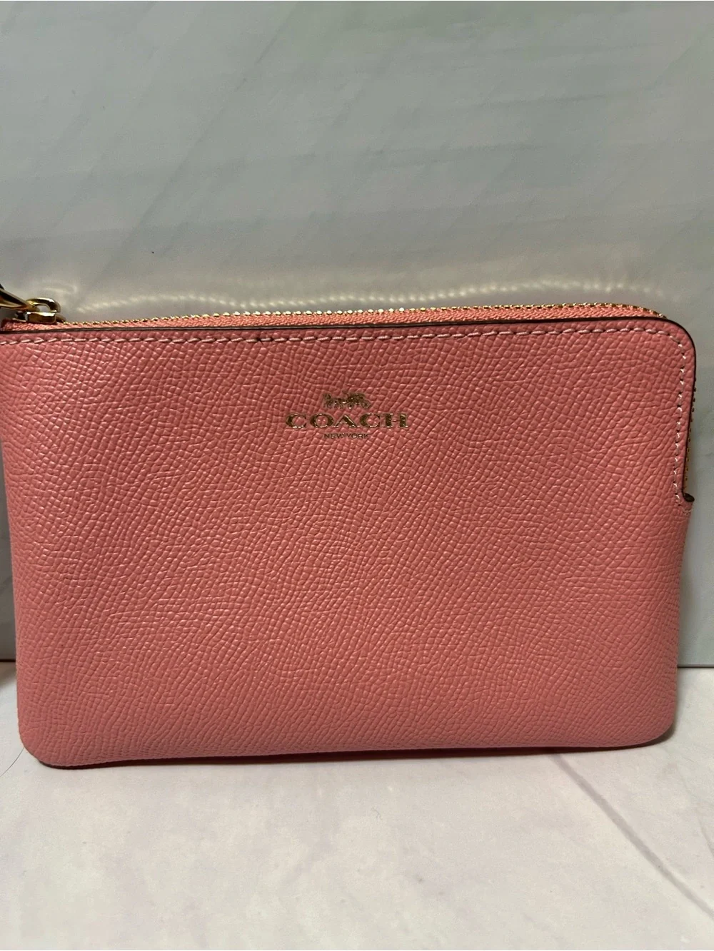 COACH Pink Pebbled Leather Wristlet Pouch with Gold Logo - Picture 1 of 5